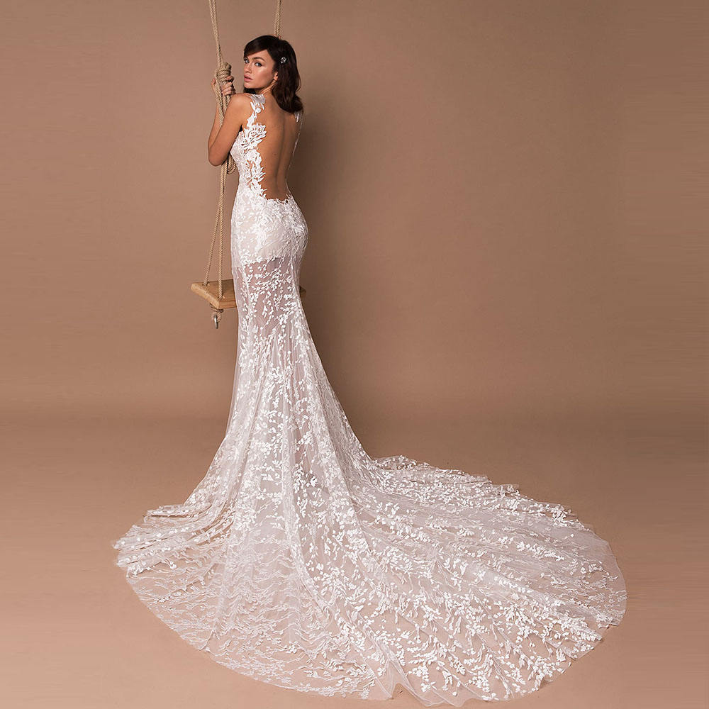 Vestido de novia de Sirena de encaje transparente, elegante, Corte
