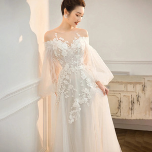 Robe <span class=keywords><strong>de</strong></span> mariée longue à manches longues, style Mori, ultra féerique, pour mariée <span class=keywords><strong>de</strong></span> rêve, style coréen, pour séance photo en extérieur, épaules dénudées, coupe princesse - Product Image 3