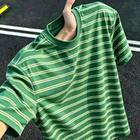T-shirt Homme Rayé Color-block à Manches Courtes en Coton Spandex Style Été Américain Rétro Ample Polyvalent Décontracté Travail 180g