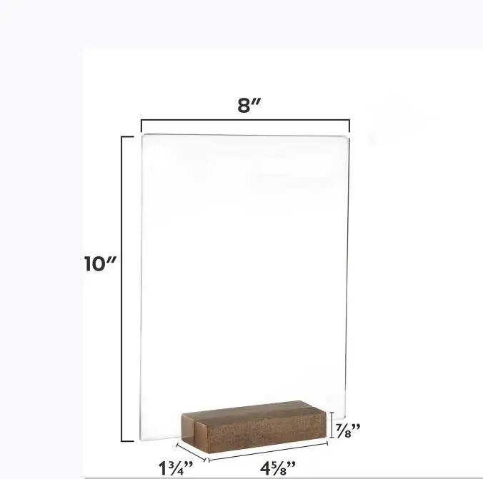 Supporti per cartelli da tavolo rotondi trasparenti in acrilico trasparente da 8 ''all'ingrosso con fondo in legno per esposizione del prodotto