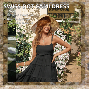 Black Spaghetti <b>Strap</b> Midi <b>Dress</b> Swiss Dot Cami <b>Dress</b> Ruffle Tiered Pleated Summer Casual <b>Dress</b> - Product Image 2