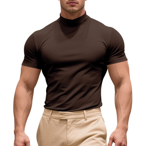 T-shirt da uomo a maniche corte tinta unita estiva 2026, casual, aderente, a collo alto, sottile, strato base - Product Image 2