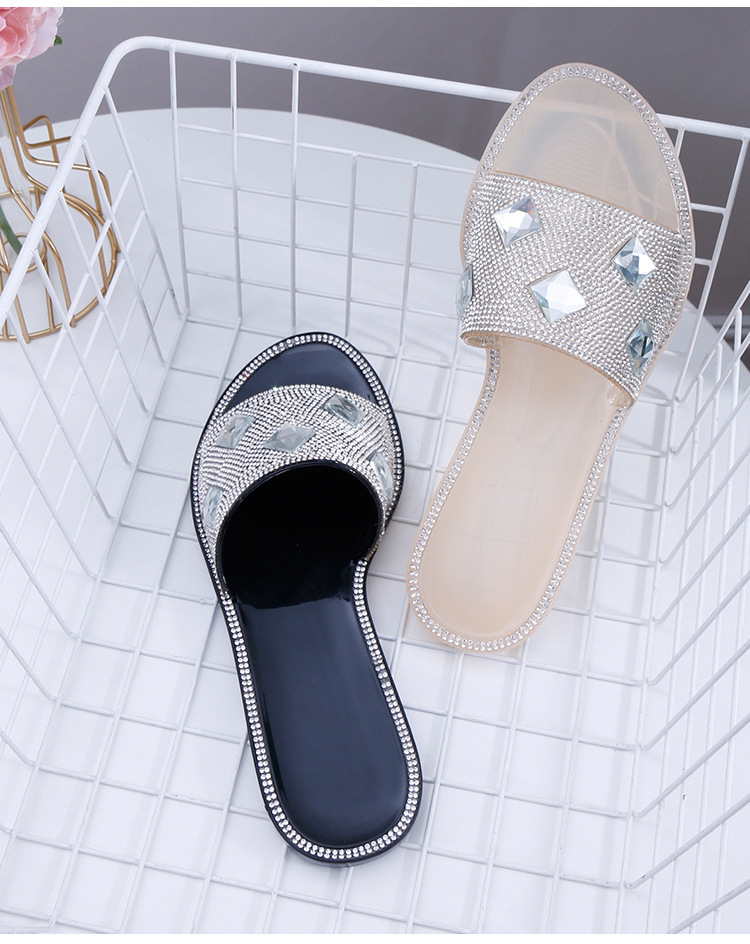 Summer Beach Slippers Ladies Crystal Rhinestone Sandals Women PVC Flat Slides Shoes