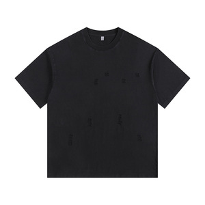260g <span class=keywords><strong>Vintage</strong></span> lavé en détresse pur coton col rond cravate-teinture déchiré T-Shirt ample unisexe à la mode marque à manches courtes solide - Product Image 6