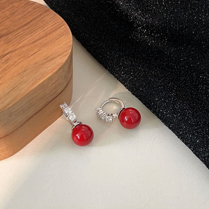 Yinruitai S925 Sterling Silver Diamond Stud <b>Earrings</b> <b>Red</b> Pearl <b>Drop</b> For Women Everyday Wear - Product Image 2