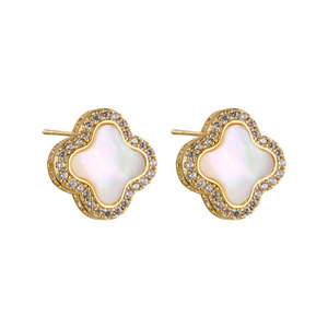 Mother Of Pearl Four Leaf Clover Stud Earrings Gold Plated S925 Silver Needle With Zircon Inlay For Gift - Product Image 4