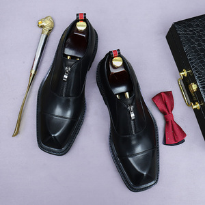 Zapatos de cuero con plataforma y cremallera de tacón alto, con tres uniones, cuero genuino, para uso formal de negocios, punta ancha, estilo retro, para hombre - Product Image 4