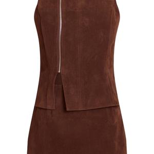 เดรสสั้นทรงเข้ารูป คอตั้ง แขนกุด ผ้าหนังกลับเทียม ซิปหน้า สไตล์เรโทร สำหรับผู้หญิง รุ่นใหม่ล่าสุด - Product Image 4