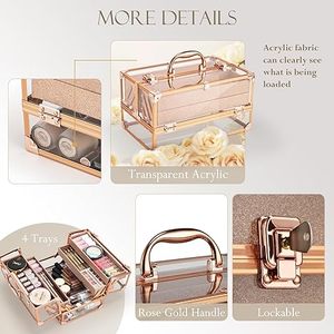 Xách tay 11.8 inch Rose Gold <span class=keywords><strong>Acrylic</strong></span> trang điểm <span class=keywords><strong>Train</strong></span> trường hợp 4-Tray mỹ phẩm lưu trữ box với stylist Artist Rack hiển thị - Product Image 6