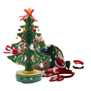 木制圣诞树音乐盒木制音乐盒带小雕像摆件旋转节日装饰木制派对装饰