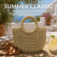 Sac à main en paille tressée sans couture personnalisé pour femme, grand sac fourre-tout demi-lune avec anse ronde, sac de plage bohème d'été