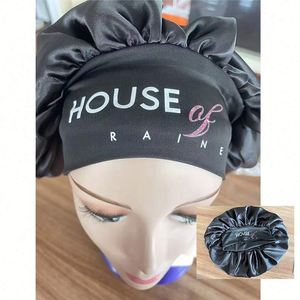 Gorros de Dormir Personalizados al por Mayor, Gorros con Banda Ancha, Lazos de Satén, Logotipo Personalizado, Gorro Largo para Trenzas con Botón - Product Image 1