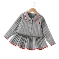 Ensemble deux pièces style preppy en tricot torsadé, pull à col et jupe plissée pour petites filles