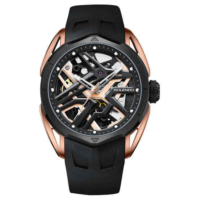 Men's Skeleton Mechanical Watch with Rose Gold Accents High Quality OEM Precision Movement Luxury Automatic Watch