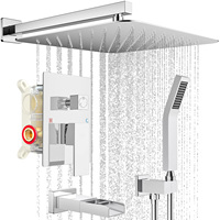 Ensembles de douche de salle de bain exposés muraux de style moderne avec combinaison de douche à effet pluie chromée avec douchette et pommeaux de douche