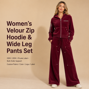 Ensemble survêtement décontracté rétro deux pièces pour filles : sweat à capuche zippé en velours bordeaux et <span class=keywords><strong>pantalon</strong></span> large avec détails rivets personnalisés - Product Image 1