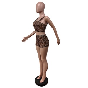 Viviblook Z225ST01 femmes tenue Sexy nouveau imprimé léopard ensemble short maille élastique gilet Shorts 2 pièces ensemble - Product Image 3