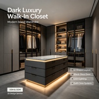 Système de dressing moderne de luxe, armoire îlot sur mesure en MDF avec éclairage LED intégré, zones de rangement multiples pour salle à manger et salon
