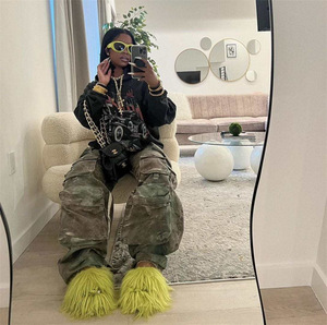 Pantoufles en fourrure de luxe pour femmes, sandales floues à bout ouvert, chaussures pour femmes, demi-pantoufles plates - Product Image 3