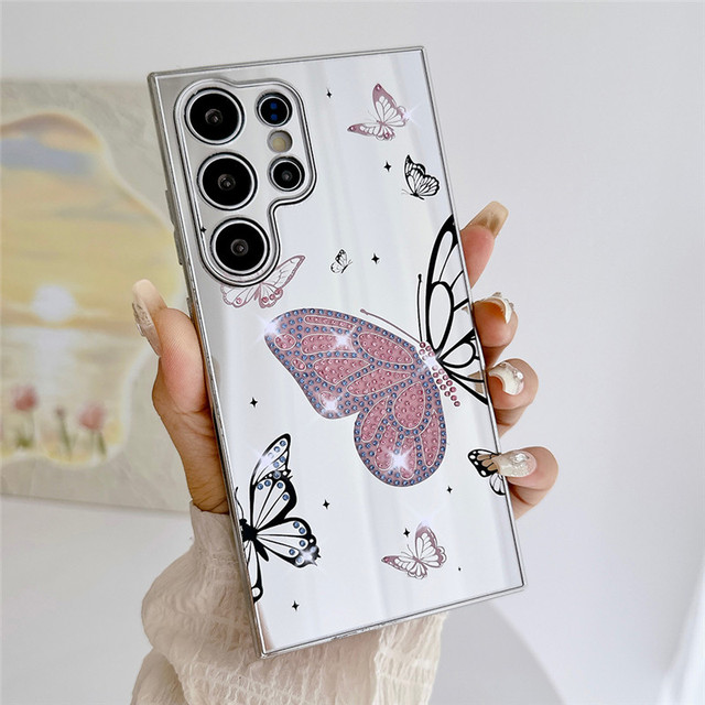 Luxury Glitter Diamonds butterfly Mirror Phone case for Samsung S24 S23 S22 Ultra Camera Shockproof Hard Cover