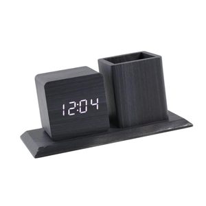 Sveglia Moderna in Legno con LED, 3 Livelli di Regolazione della Luminosità, Visualizza Data e Temperatura, Contiene Portaoggetti per Scrittura - Product Image 4