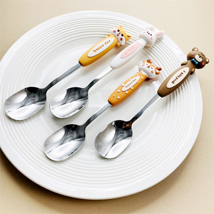 Cucchiaio Monouso per Bambini in Acciaio Inox 316 Placcato Oro con Testa in Silicone a Forma di Animale Cartone Animato Volpe Coniglietto Cerbiatto - Product Image 1