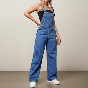 Salopette di Jeans da Donna OEM/ODM Casual Stile Streetwear a Taglio Dritto Vestibilità Baggy con Spalline Regolabili Effetto Lavato - Product Image 4