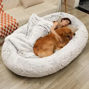 Sofá cama grande redondo de pelúcia falso para cães de estimação, sofá grande redondo de pele sintética com conforto incomparável, ideal para cães, tendência de 2024