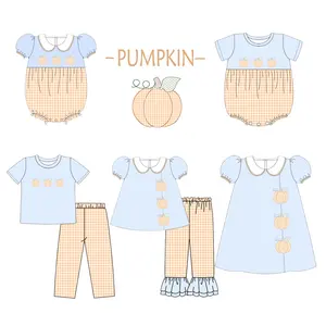 Preorder boutique pumpkin print kids boys girls outfits little girls dress toddler baby bubble romper sibling matches clothes