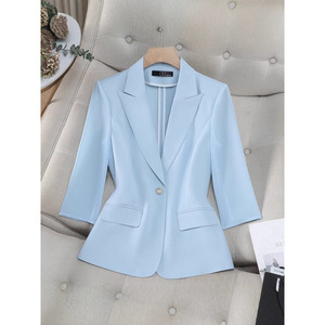Lapel Three Quarter Sleeve Blazer Solid Color Slim Fit Women's Blazers With Label - Product Image 2