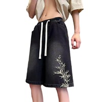 Shorts en jean brodés respirants de style chinois pour hommes, tendance estivale, marque, pantalon mi-long, coupe ample, droit, cinq points