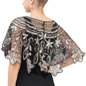 Châle de soirée pour <span class=keywords><strong>femme</strong></span>, orné de perles et de sequins, pour robe de soirée ou cheongsam, style rétro, foulard tendance, hauts élégants, enveloppes décontractées pour carnaval - Product Image 1
