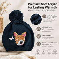 Bonnet tricoté pour enfants avec broderie de cerf à paillettes et pompon, extensible et chaud, idéal pour les tenues de Noël, les fêtes sur le thème de la forêt et les activités hivernales