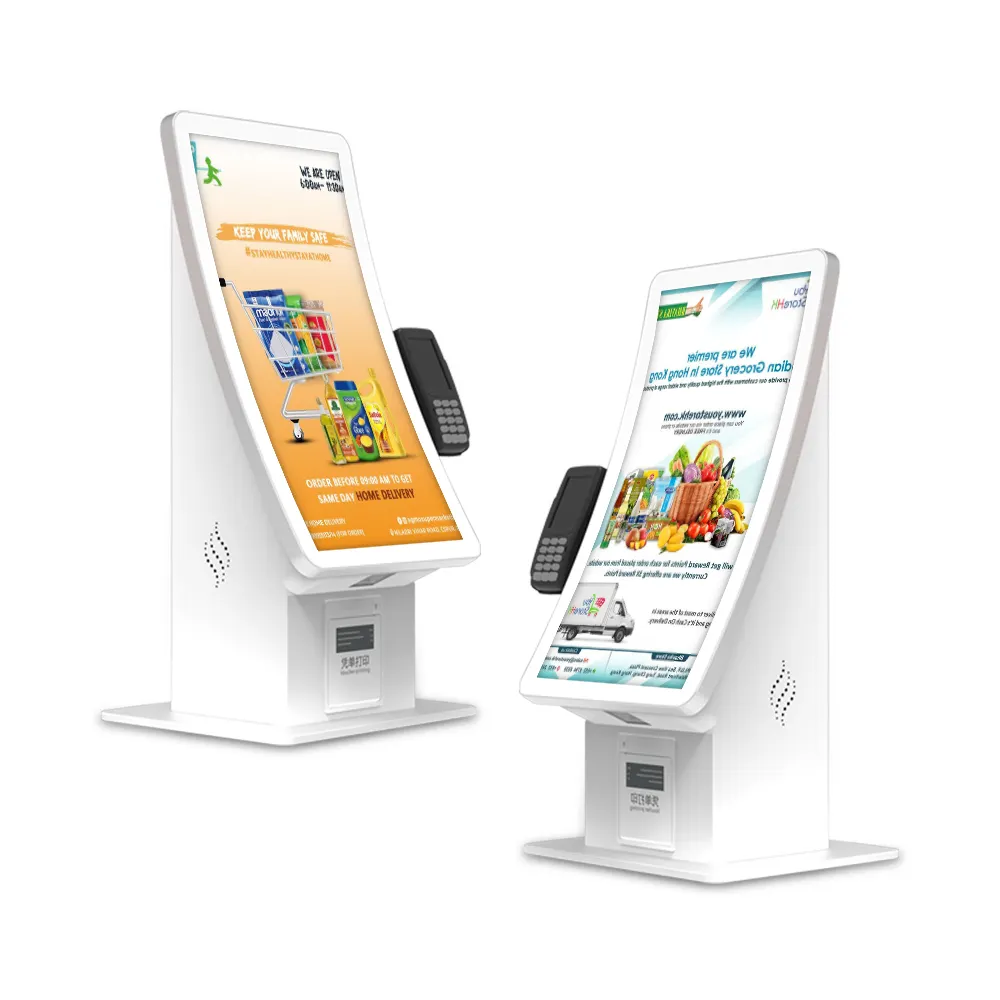 Prix de gros 23.6 ''écran incurvé auto-kiosque android ou win7/10 système blanc paiement kiosque panneau pc pour restaurant hôpital