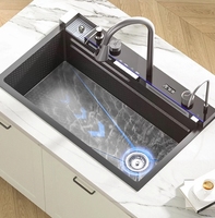 Évier de cuisine intelligent multifonctionnel à cuve unique en acier inoxydable 201/304 fait main avec robinet cascade, forme carrée, monotrou, moderne