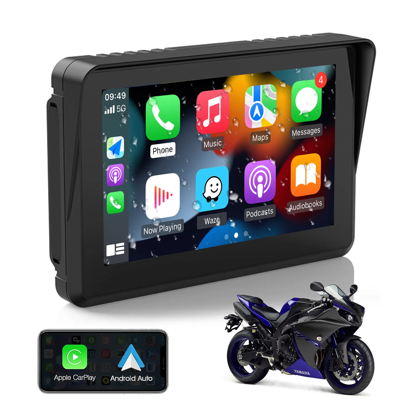 Autoabc 5 Zoll drahtloses Carplay Android AUTO-Anzeigenbildschirm Motorräder GPS-Navigator Auto Gps Bt wasserdichte Kamera