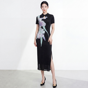 Women's Casual Chinese Style Black Floral Print Embroidery Ruched Midi <b>Dress</b> Sleeveless Stand Collar Eco-Friendly Washable - Product Image 5