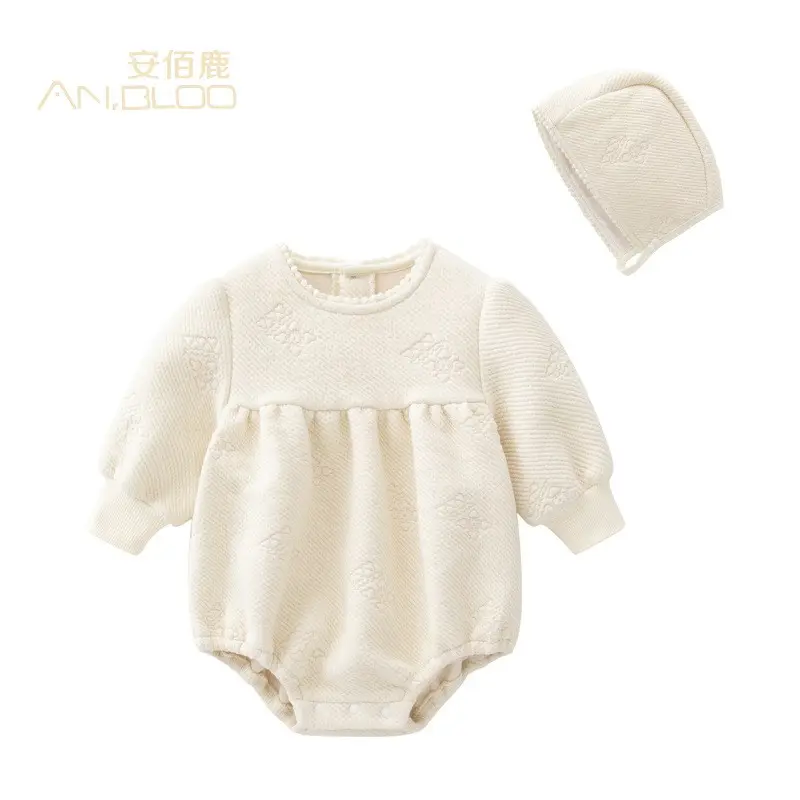 Wholesale Autumn Winter Baby Wear Long Sleeves Oversized Baby Girls Bubble Rompers with free hat