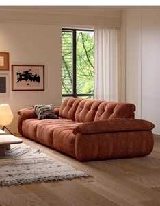 Divano Modulare Dritto in Tessuto Chenille Trapuntato Stile Retrò Mid-Century, Seduta Profonda, Imbottito, per Soggiorno in Stile Crema Francese - Product Image 5