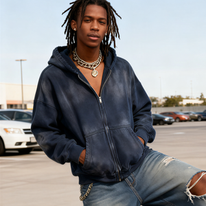 เสื้อฮู้ดแบบรูดซิปสำหรับผู้ชายผ้าฝ้ายเทอร์รี่สโตนแอซิดวินเทจโอเวอร์ไซซ์สีซีด - Product Image 1