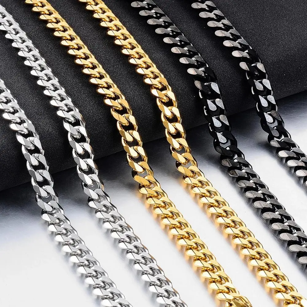 Hot-sale Waterproof Gold Plated Curb Cuban Link Chain Chokers Basic Punk Stainless Steel Necklace Chain Jewelry For Men Women