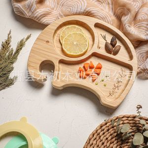 Assiette pour enfants en bois massif, plateau de cuisson fixe en silicone pour la maison, nourriture pour bébé, goûter, assiette à fruits. - Product Image 2