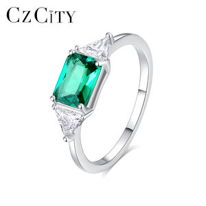 CZCITY joyería fina boda plata Esmeralda promesa esterlina 925 compromiso para mujer anillo de piedra verde - Product Image 1
