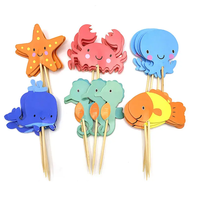 24pcs Ocean Animal Cupcake Toppers Under the Sea Party Cake Flags Boy Baby Shower Mermaid Theme Birthday Party Cake Decorations
