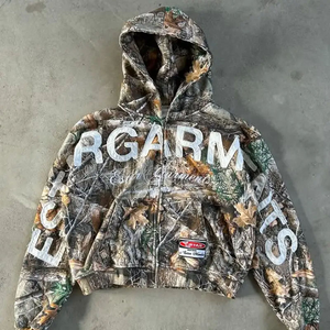 Người đàn ông của Nâu Camo Zip-up hoodie 500gsm cotton terry vải cổ điển Y2K chắp vá quá khổ Áo - Product Image 1