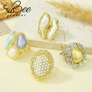 Anillo Abierto de Esmalte Estilo Vintage Real, Nueva Moda Minimalista, Anillo Ajustable Elegante, Anillos de Cóctel con Perlas Barrocas para Mujer - Product Image 5