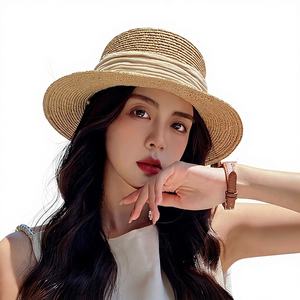 Sombrero de Paja <span class=keywords><strong>Rafia</strong></span> Fino para Mujer, Estilo Francés, Simple, para Verano, Playa, Vacaciones, Protección Solar, 56-58cm - Product Image 1