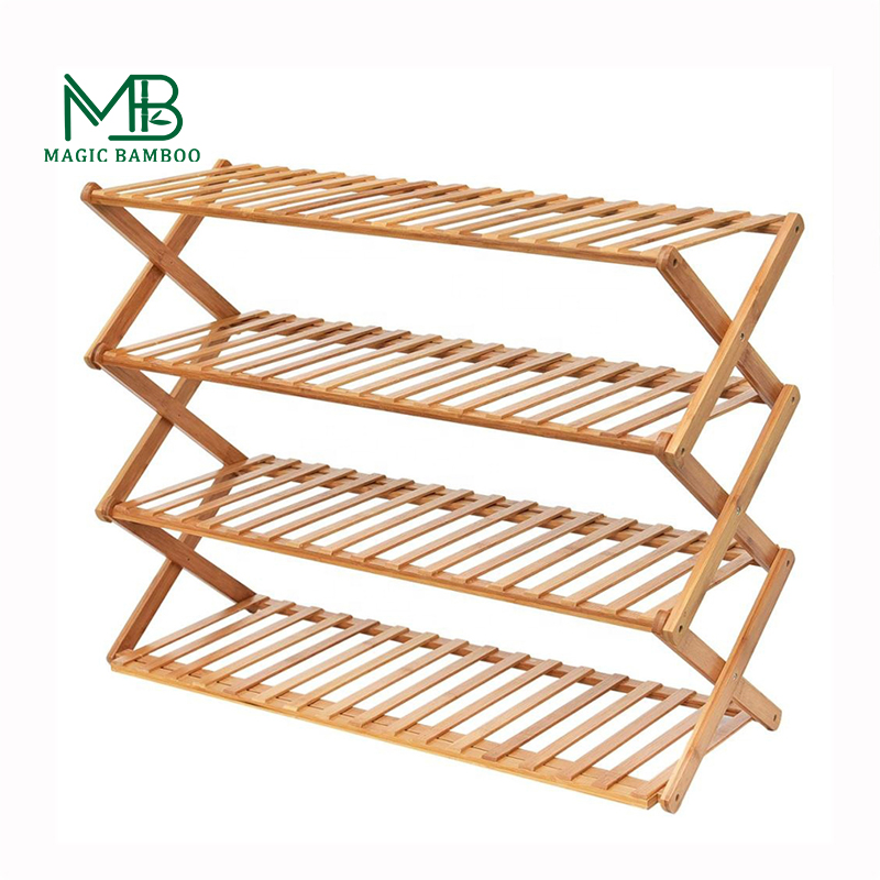 Оптовая продажа на заказ Современная Портативная Складная 4-ярусный выставочный стенд бамбуковая подставка для обуви для дома