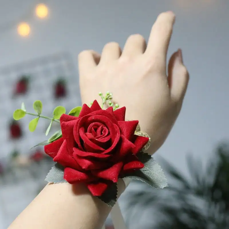 2023 Best Selling Wedding Prom Rose Artificial Silk Flower Bridal Bridesmaid Ribbon Hand band Bracelet Wrist Corsage For Wedding