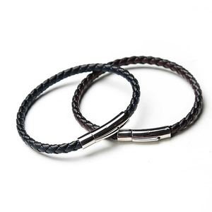 Business Casual Gift Titanium Steel Clasp Hand Braided Magnetic Buckle Waterproof Leather Bracelet for <b>Men</b> - Product Image 1